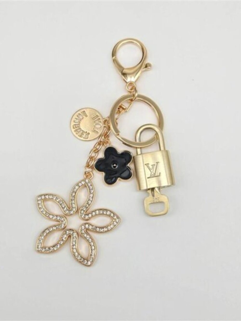 Authentic Louis Vuitton Gold Lock & Key 🔑 Bag Charm w/ Unbranded Flower Charm - Picture 5 of 10